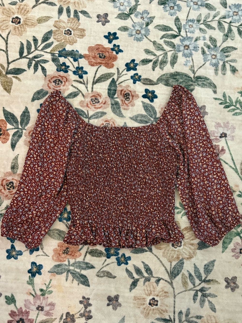 Paper Crane Rust dark purple Floral Smocked Peasant crop Top